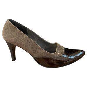 Un Tour En Ville Heels Womens 38.5 Brown Grey Studded Patent Leather Suede Artsy